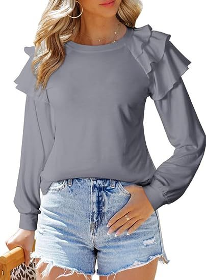BamBam Autumn And Winter Ruffled Long-Sleeved Round Neck Pullover Solid Color T-Shirt Women's Top - BamBam
