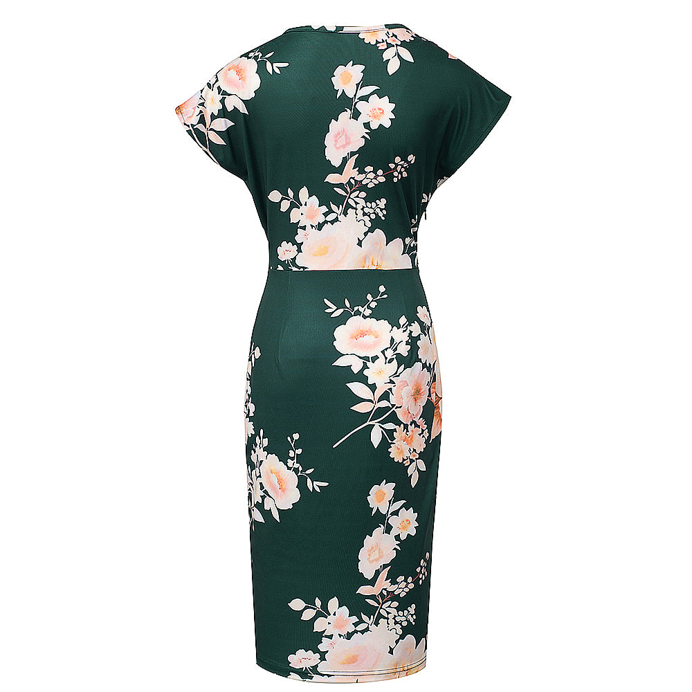 BamBam Women V-Neck Short Sleeve Pleated Floral Bodycon Dress - BamBam