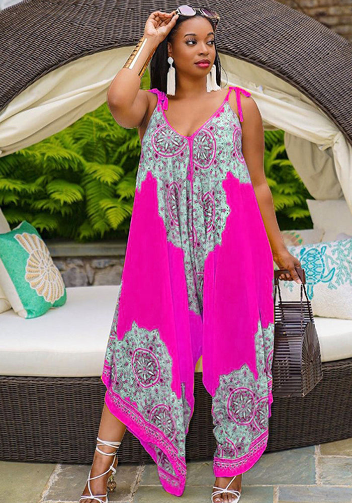 Women Summer Pink Casual V-neck Sleeveless Floral Print Full Length Loose Plus Size Jumpsuit