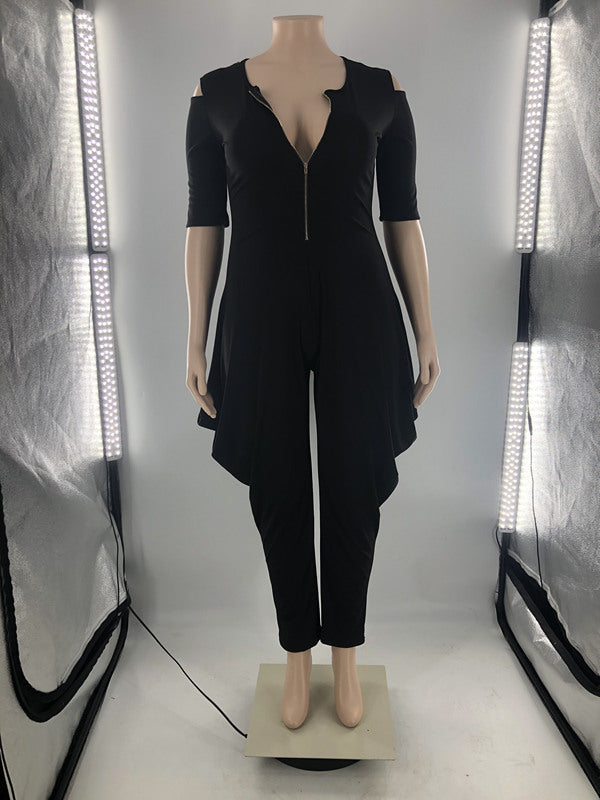 BamBam Plus Size Women Solid Zip Short Sleeve Jumpsuit - BamBam Clothing
