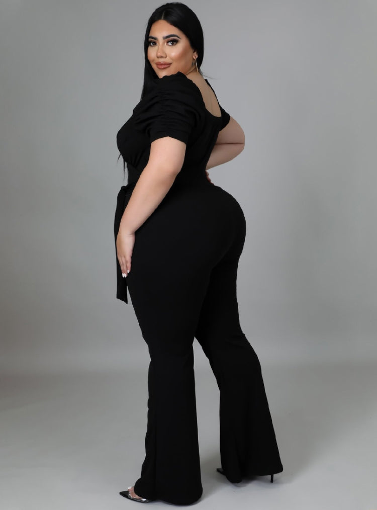 BamBam Women Summer Black Formal Sweetheart Neck Short Sleeves Solid Belted Full Length Regular Plus Size Jumpsuit - BamBam Clothing