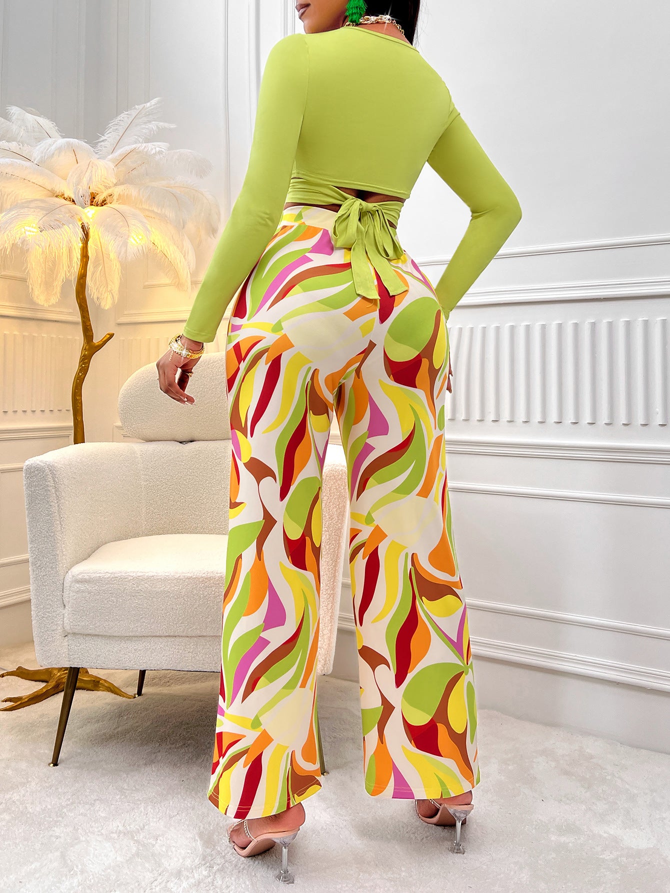 BamBam Sexy Women's Casual Printed Round Neck Long Sleeve Top Printed Pants Set For Women - BamBam