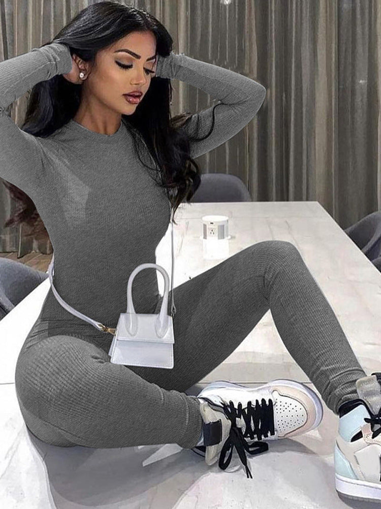 BamBam Women Fitness Yoga Basic Long Sleeve Round Neck Jumpsuit - BamBam Clothing