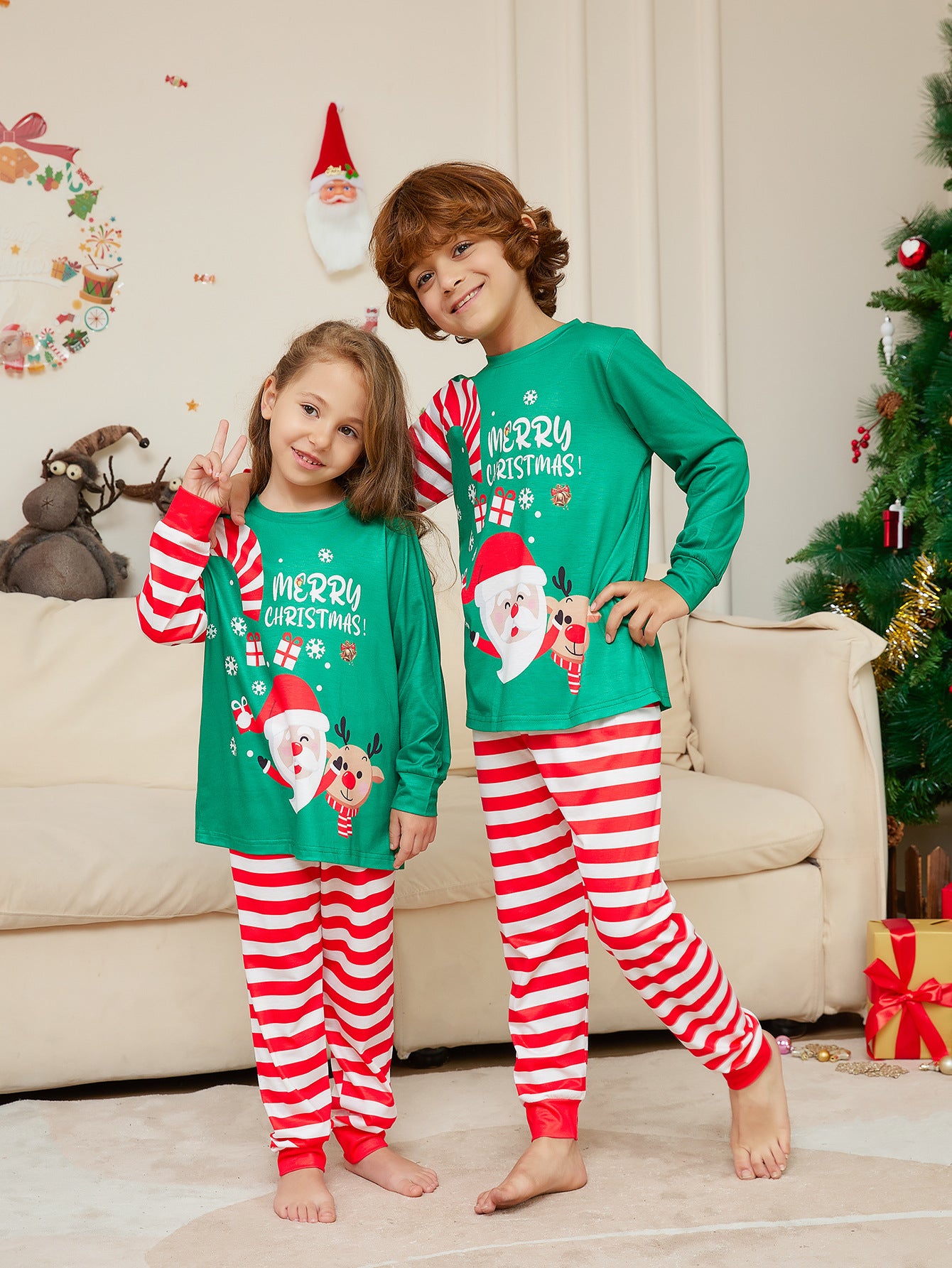 BamBam Christmas Cartoon Santa Claus Letter Printed Family Pajama Two-piece Set - BamBam