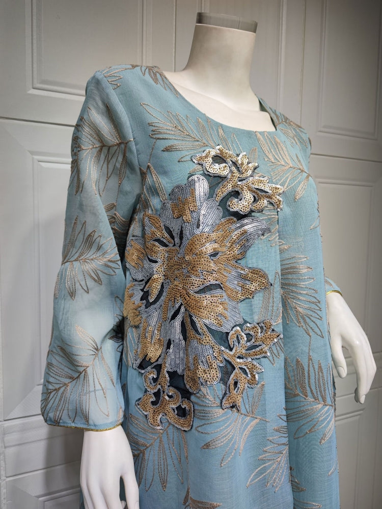 BamBam Spring Sequins Embroidered Blue Long Sleeve Maxi Dress Middle East Dubai Muslim Dresses - BamBam
