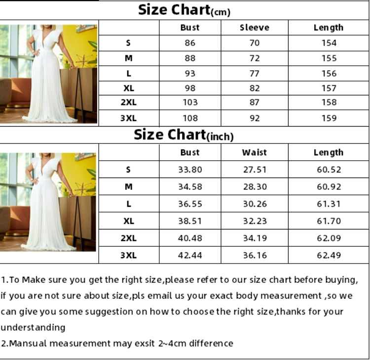 BamBam Women Summer White Formal V-neck Short Sleeves Solid Pleated A-line Evening Cocktail Jumpsuit - BamBam Clothing