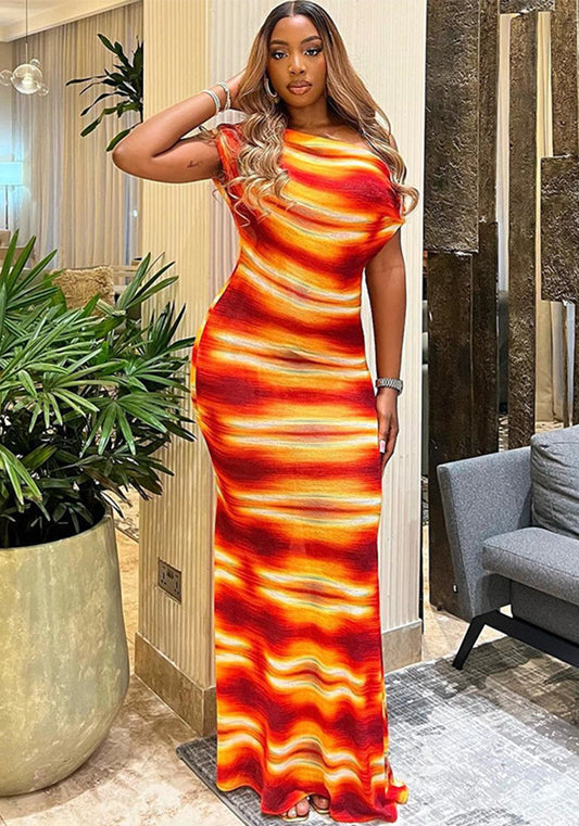 Fashion Gradient Print Round Neck Short-Sleeved Off-Shoulder Trendy Women Chic Casual Bodycon Long Dress