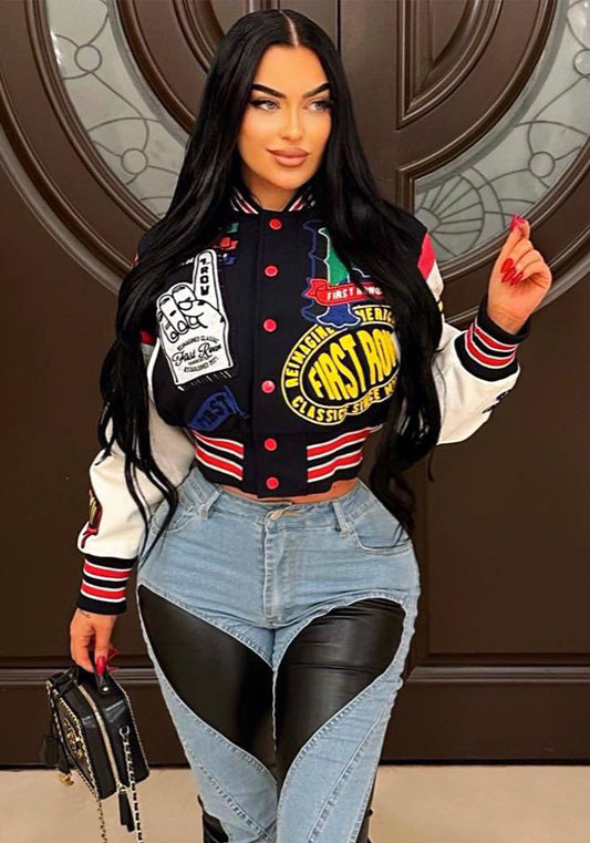 Women Long Sleeve Printed Ribbed Patchwork Baseball Jacket