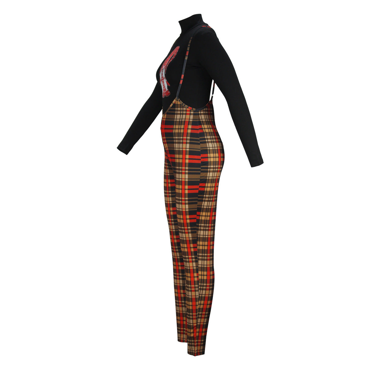 BamBam Women Casual Christmas Turtleneck Top and Plaid Overalls Two-Piece Set - BamBam