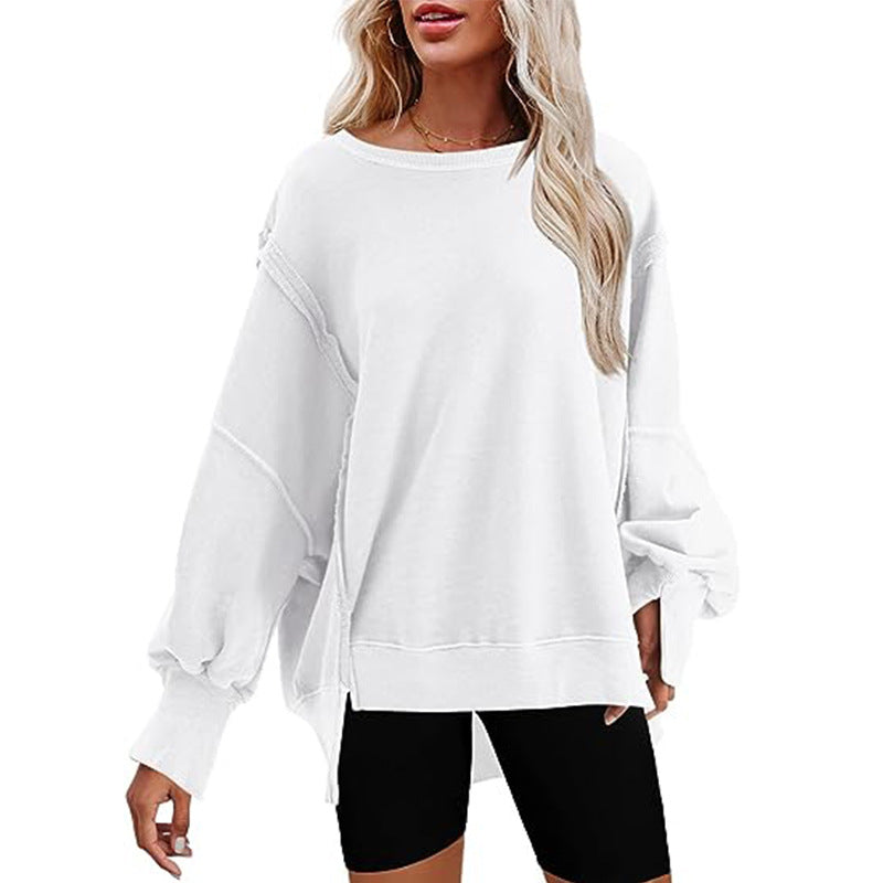 BamBam Women's Fall/Winter Oversized Round Neck Sweatshirt Side Slit Long Sleeve T-Shirt - BamBam