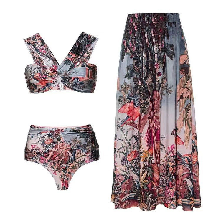 BamBam Women Holidays Beach Skirt Retro Print Swimwear Three-Piece - BamBam