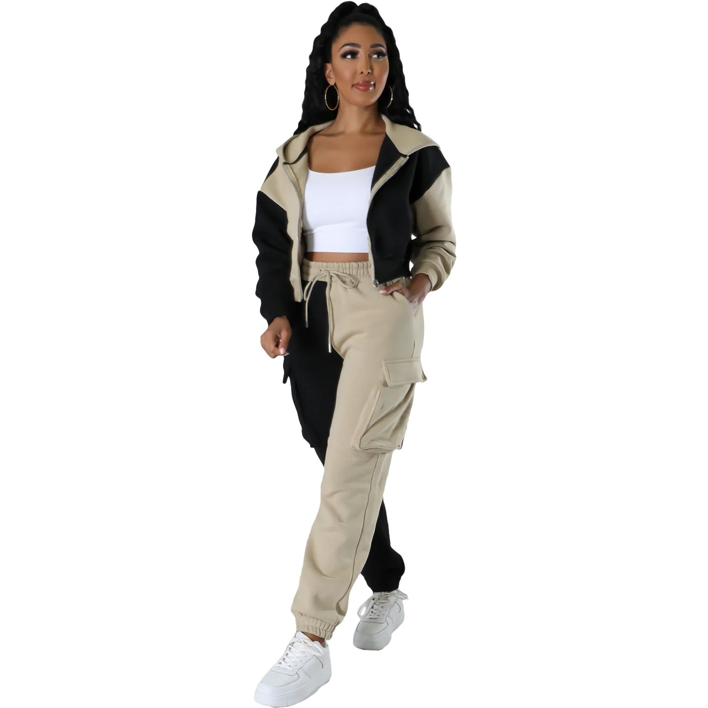 BamBam Women Colorblocked Velvet Pocket Hoodies and Pant Casual Sports Two-piece Set - BamBam