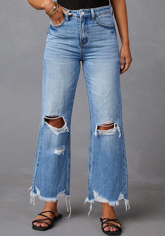 Tassel Washed Ripped Women's Denim Trousers Casual Mid-High Waist Wide Leg Pants