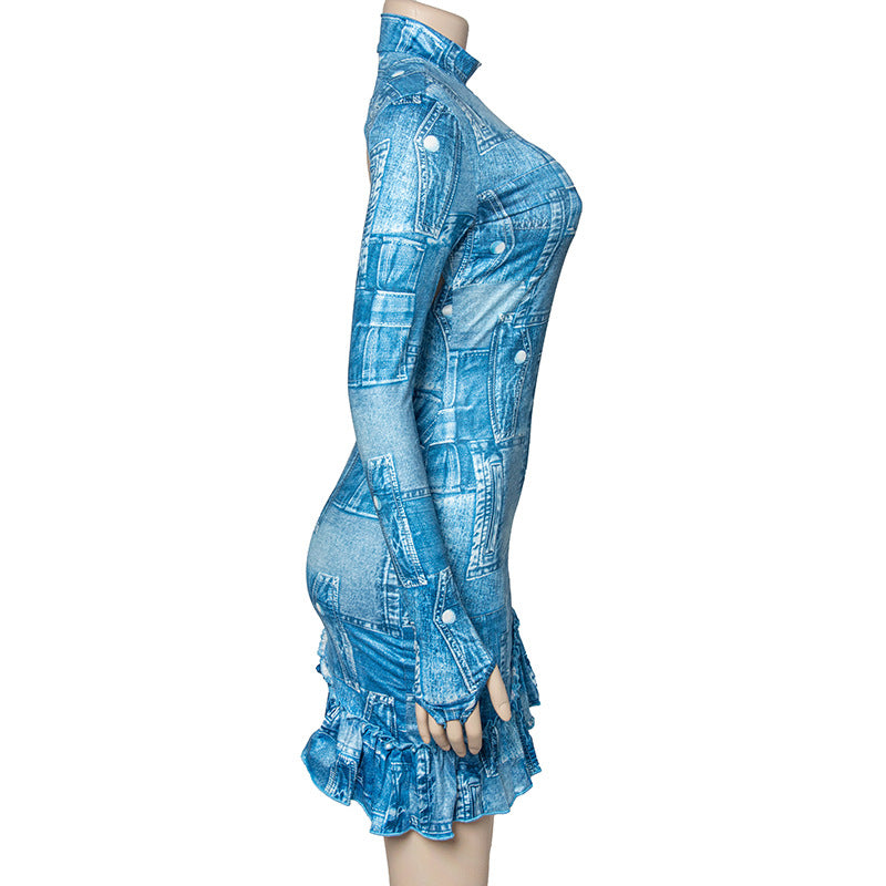 BamBam Women Fall Long Sleeve Denim Print Backless Ruffle Edge Dress - BamBam Clothing