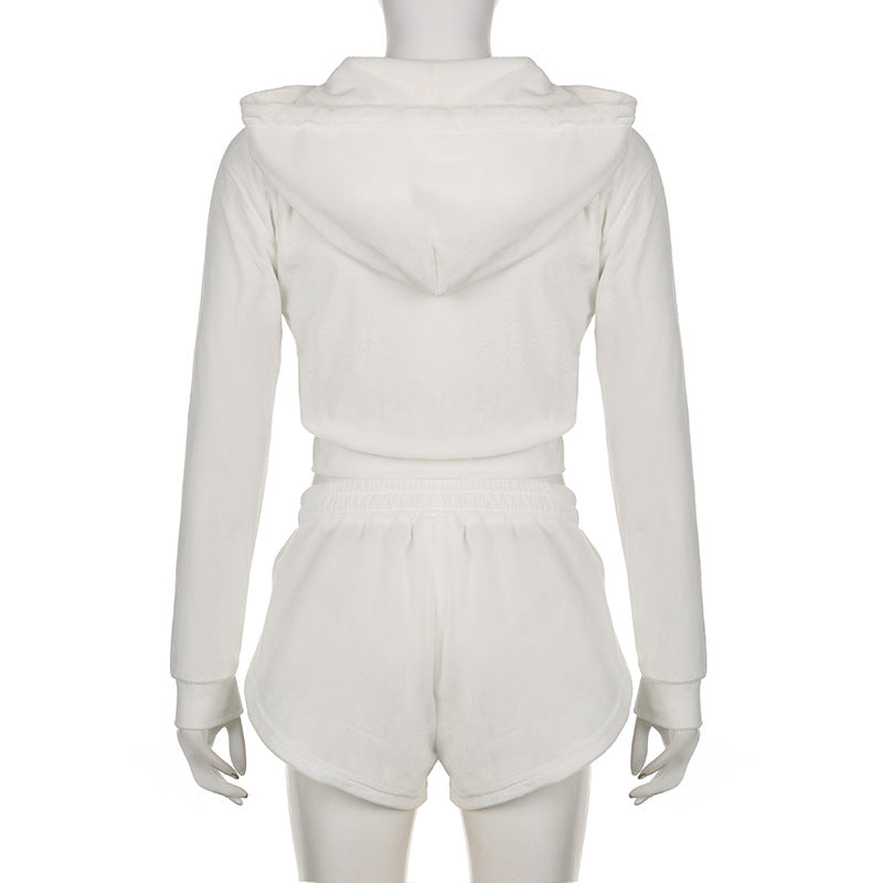 BamBam Sports Women's Velvet Embroidery Hoodies Hooded Zipper Top Elastic High Waist Shorts Casual Two Piece Set - BamBam