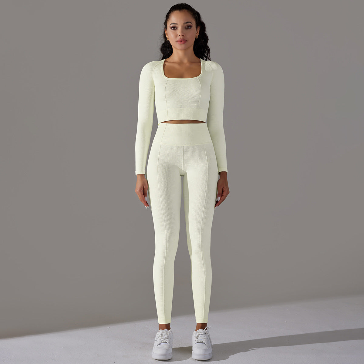 BamBam Seamless Knitting Solid Color Jacquard Low-Cut Tight Fitting Long-Sleeved Yoga Suit Sports Fitness Two-Piece Set - BamBam