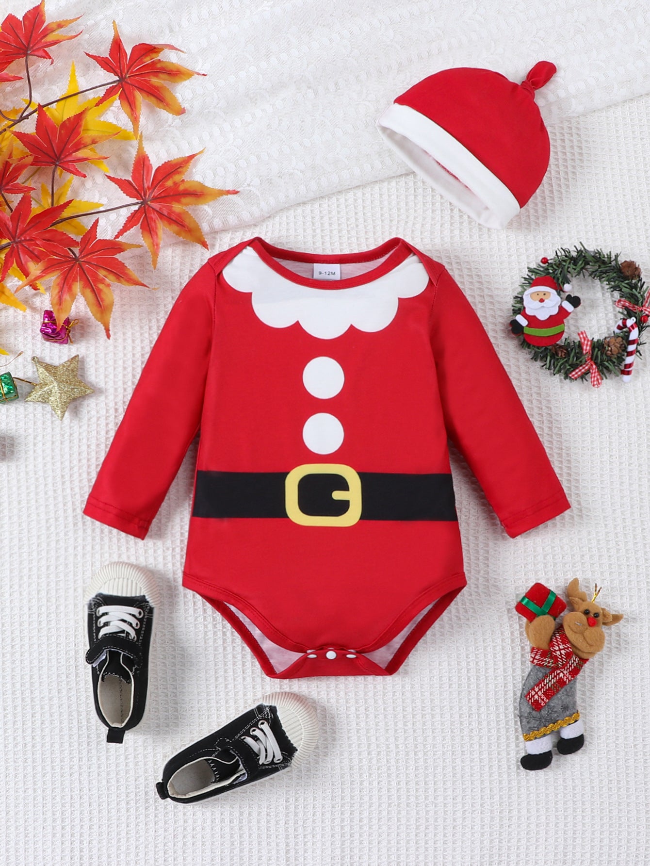 BamBam Christmas children Santa style fake belt beard long sleeves hooded Romper - BamBam