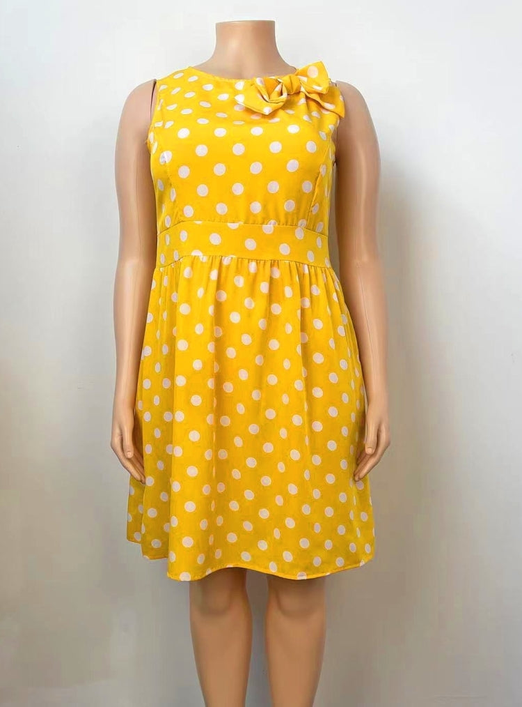 BamBam Women Summer Yellow Sweet O-Neck Sleeveless Dot Print Midi A-line Plus Size Casual Dress - BamBam