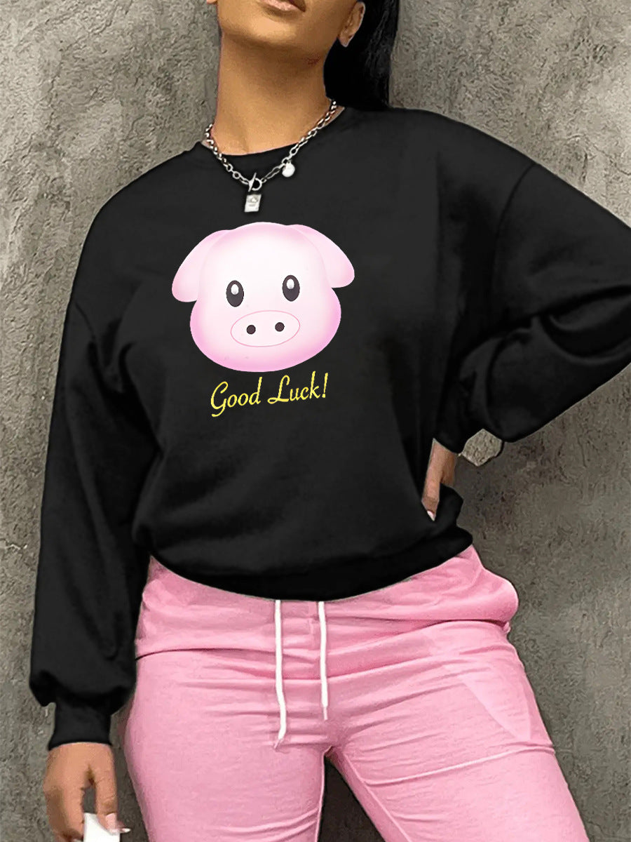 BamBam Women Cartoon Pig Print Loose Long Sleeve T-Shirt - BamBam