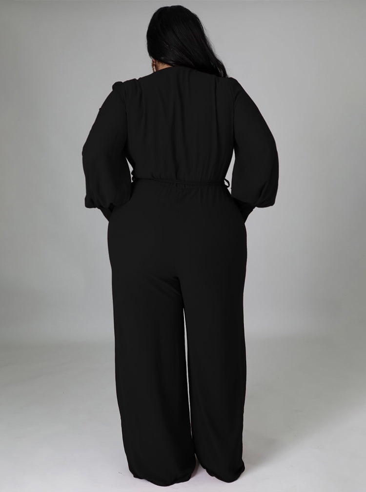 BamBam Autumn Plus Size Elegant Wrap Jumpsuit Black - BamBam Clothing