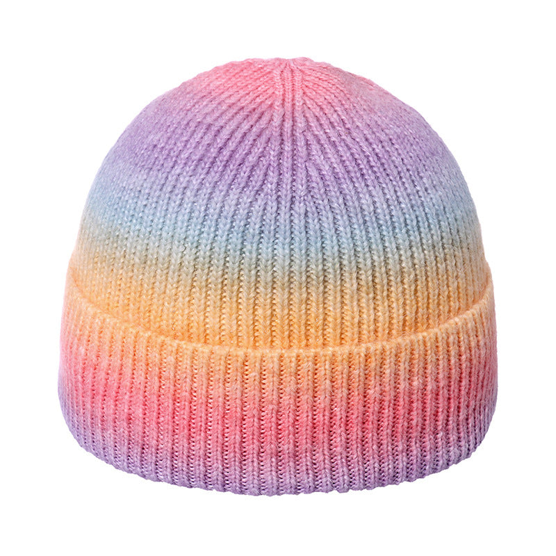 BamBam Autumn and winter gradient tie-dye printed warm hat rainbow woolen hat - BamBam