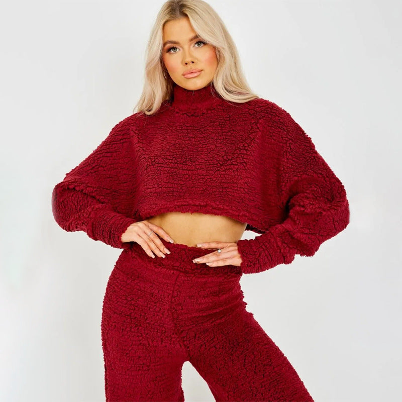 BamBam Women Casual Lounge Clothes Loose Sherpa Long Sleeve Top and Pant Two-piece Set - BamBam