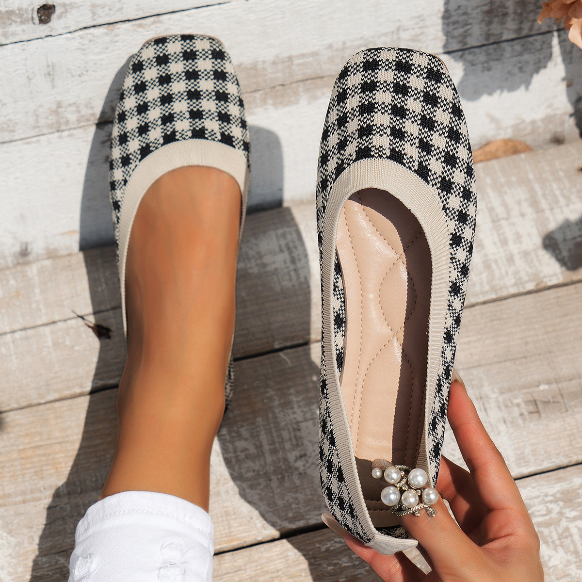 BamBam Plus Size Houndstooth Women's Casual Shoes Spring And Autumn Slip-On Retro Women's Sock Shoes - BamBam