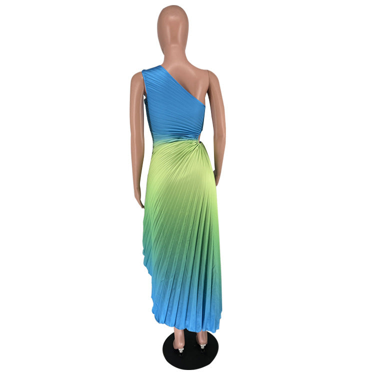 BamBam Women's Fashion Gradient Printed One Shoulder Pleated Maxi Dress - BamBam