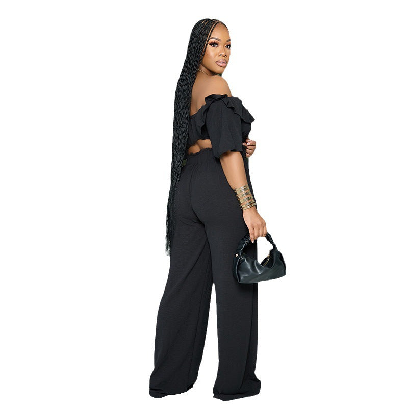 BamBam Women summer Off Shoulder ruffled Top and wide-leg Pant two-piece set - BamBam