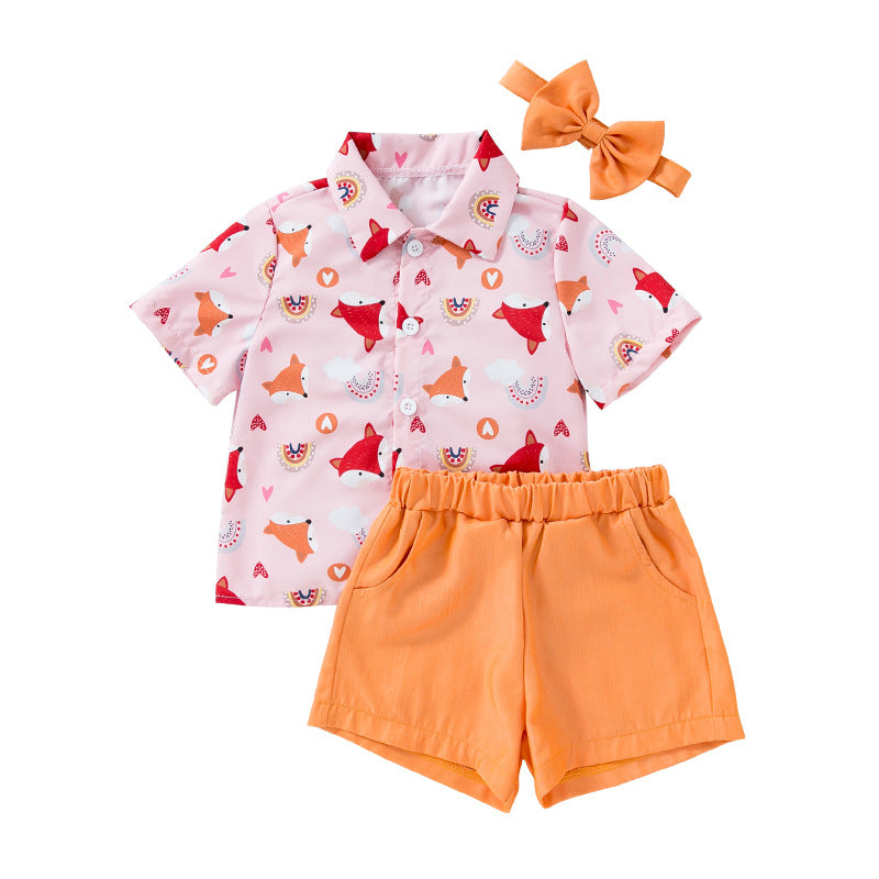 BamBam Cartoon Fox Heart Print Gentleman Shirt Shorts Boy 2-Piece Set - BamBam