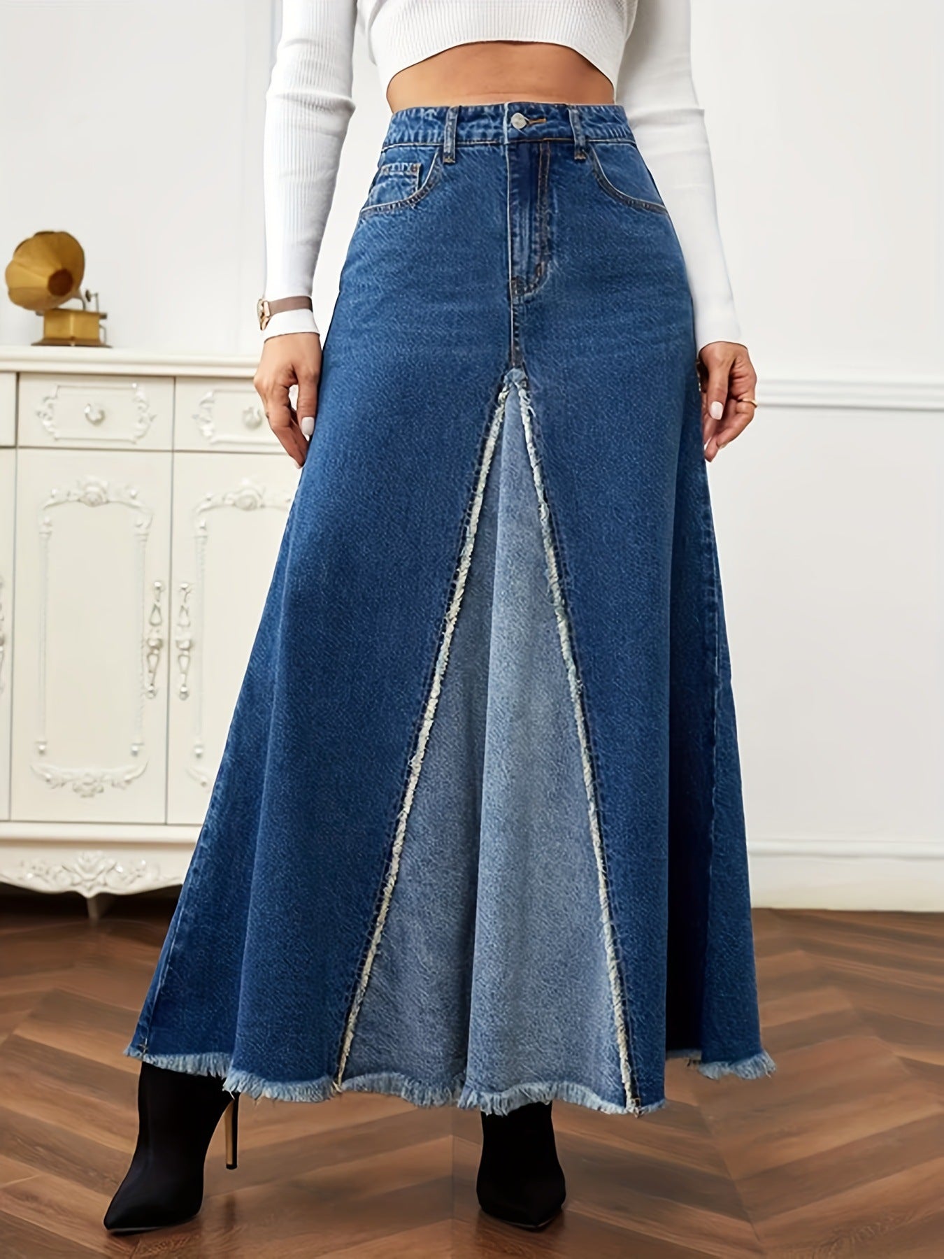 BamBam Fashion Hem Patchwork A-Line Denim Long Skirt - BamBam