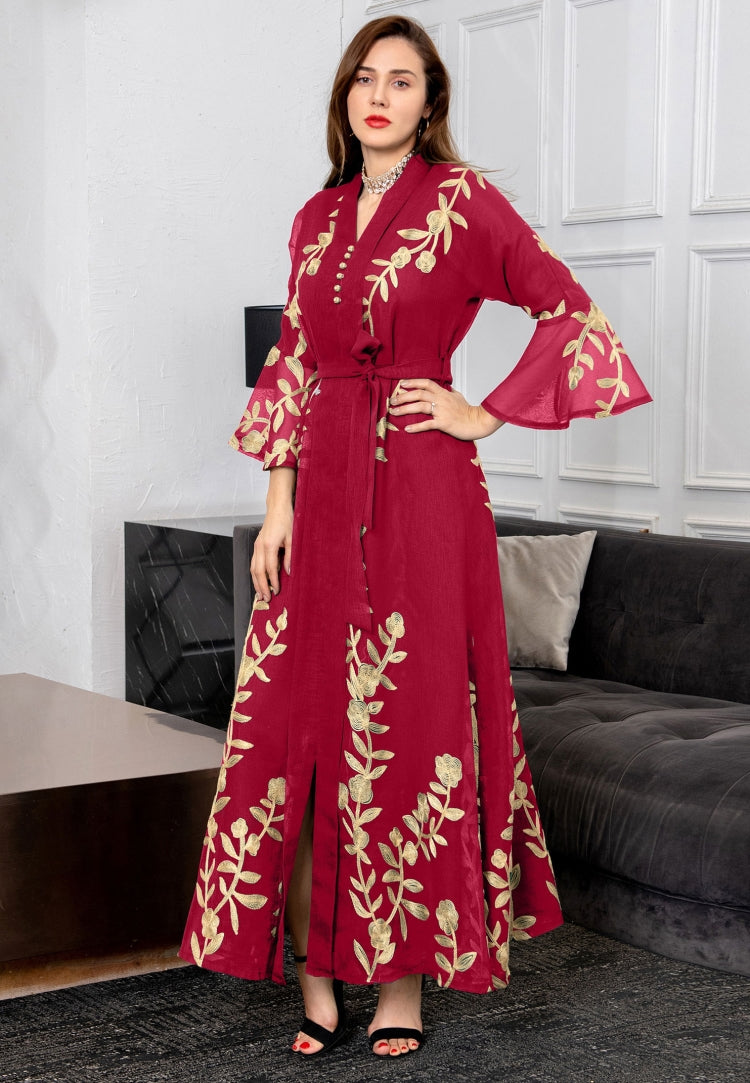 BamBam Women Summer Red Arab Dubai Middle East Turkey Morocco Floral Print Sequined Islamic Clothing Kaftan Abaya Muslim Dress - BamBam