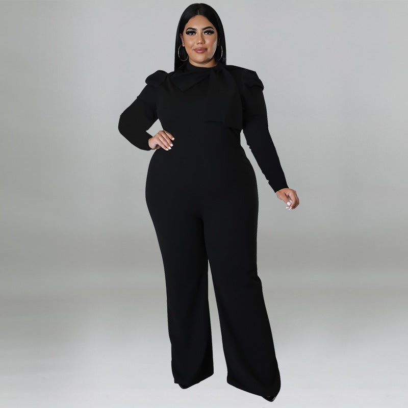 BamBam Plus Size Women Solid Color Bow Long Sleeve Jumpsuit - BamBam Clothing