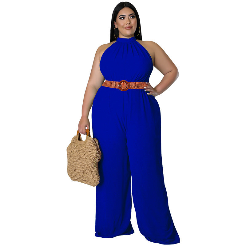 BamBam Plus Size Women's Casual Solid Color Belted Jumpsuit - BamBam Clothing