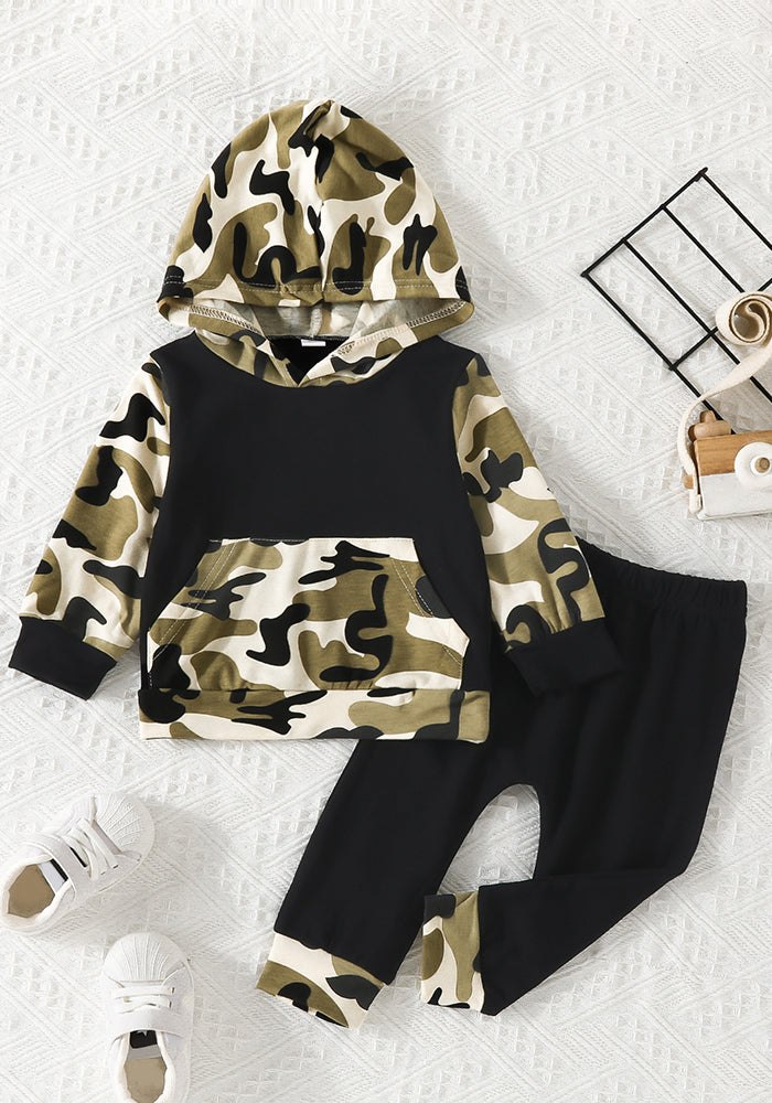 Boy Scout Green Camouflage Hooded Top + Pants Two-piece Set