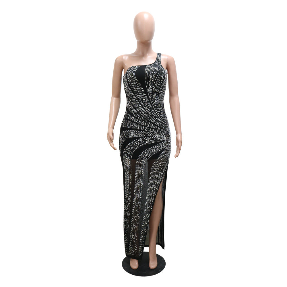 BamBam Fashion Women's Slash Shoulder Sexy See-Through Beaded Evening Dress - BamBam Clothing Clothing