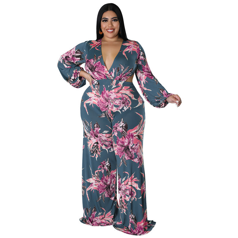 BamBam Plus Size Women's Big Flower Print Sexy Low Back Lace-Up Long Sleeve Jumpsuit - BamBam Clothing