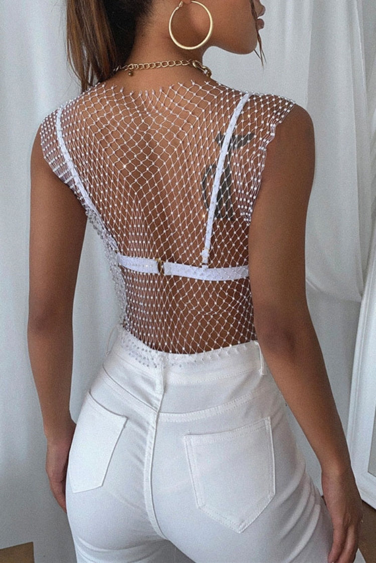 BamBam Summer Sexy Fishnet Beaded Club Crop Top - BamBam