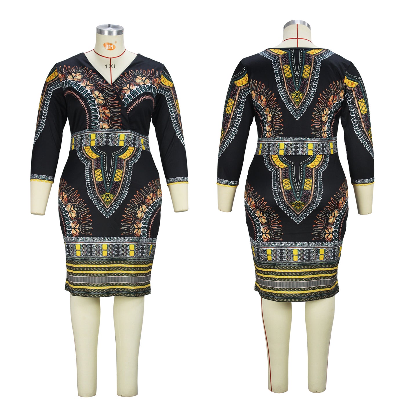 BamBam Women's Spring And Autumn V-Neck Printed Ethnic Style Midi Dress Sexy Fashion Plus Size Dress - BamBam