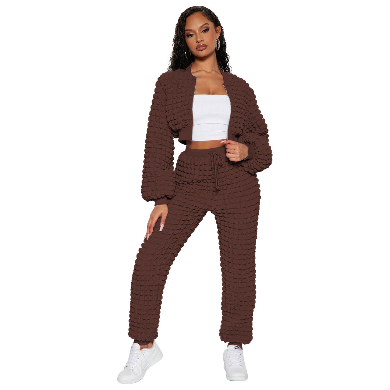 BamBam Women's Fashion Casual Solid Zipper Long Sleeve Draw String Two-Piece Pants Set - BamBam