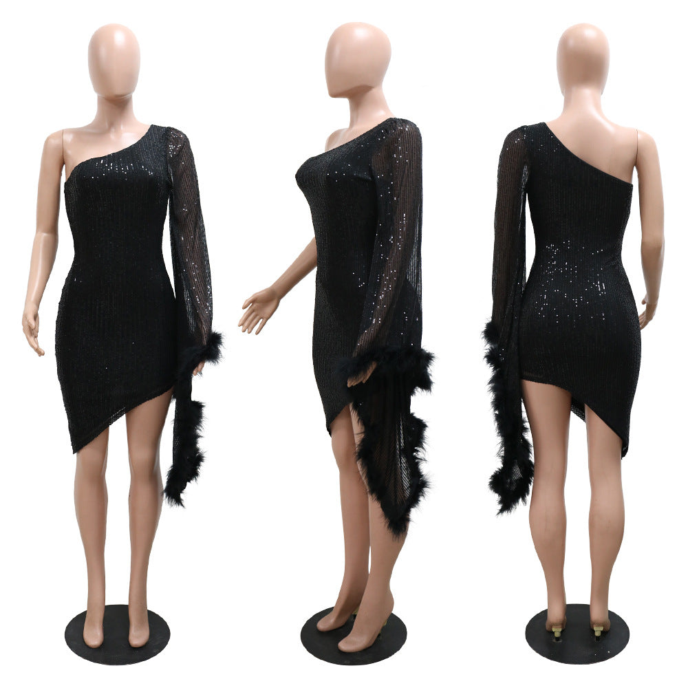 BamBam Slash Shoulder Irregular Sequin Women Bodycon Dress - BamBam Clothing Clothing