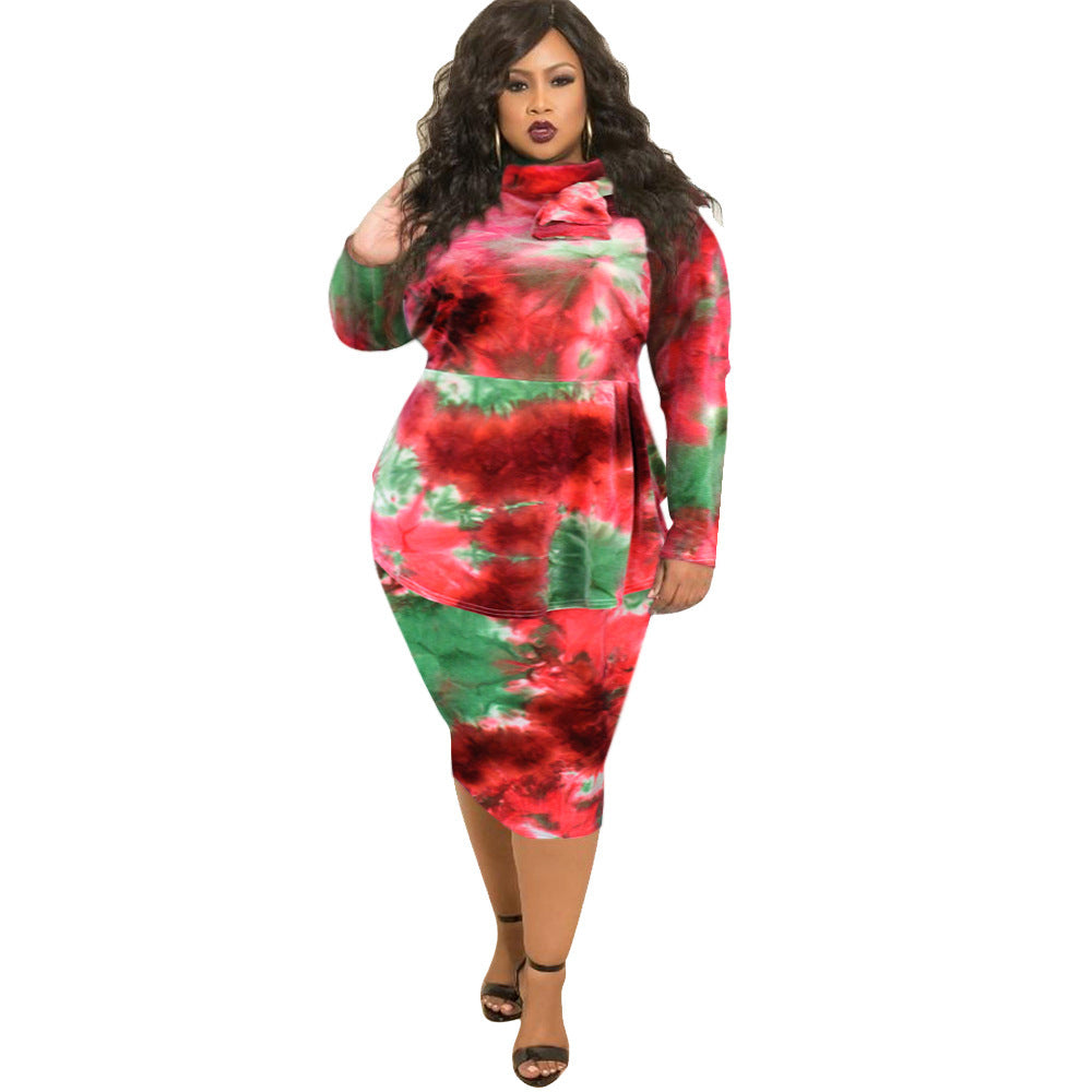 BamBam Plus Size Women Print Bow Bodycon Dress - BamBam