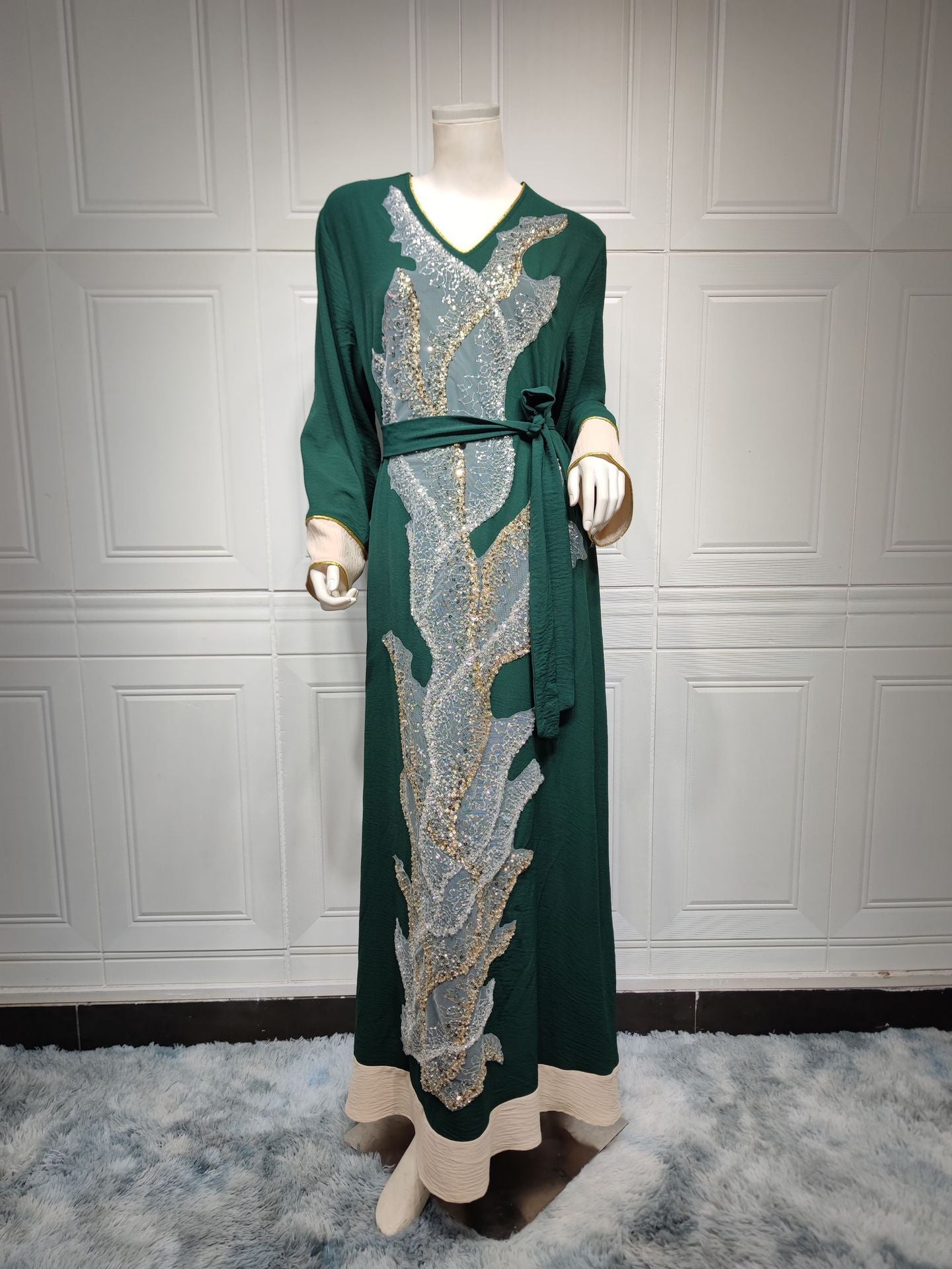 BamBam Muslim Robe Beaded Embroidery Fashion Abaya Arab Ladies Home Casual Dress - BamBam