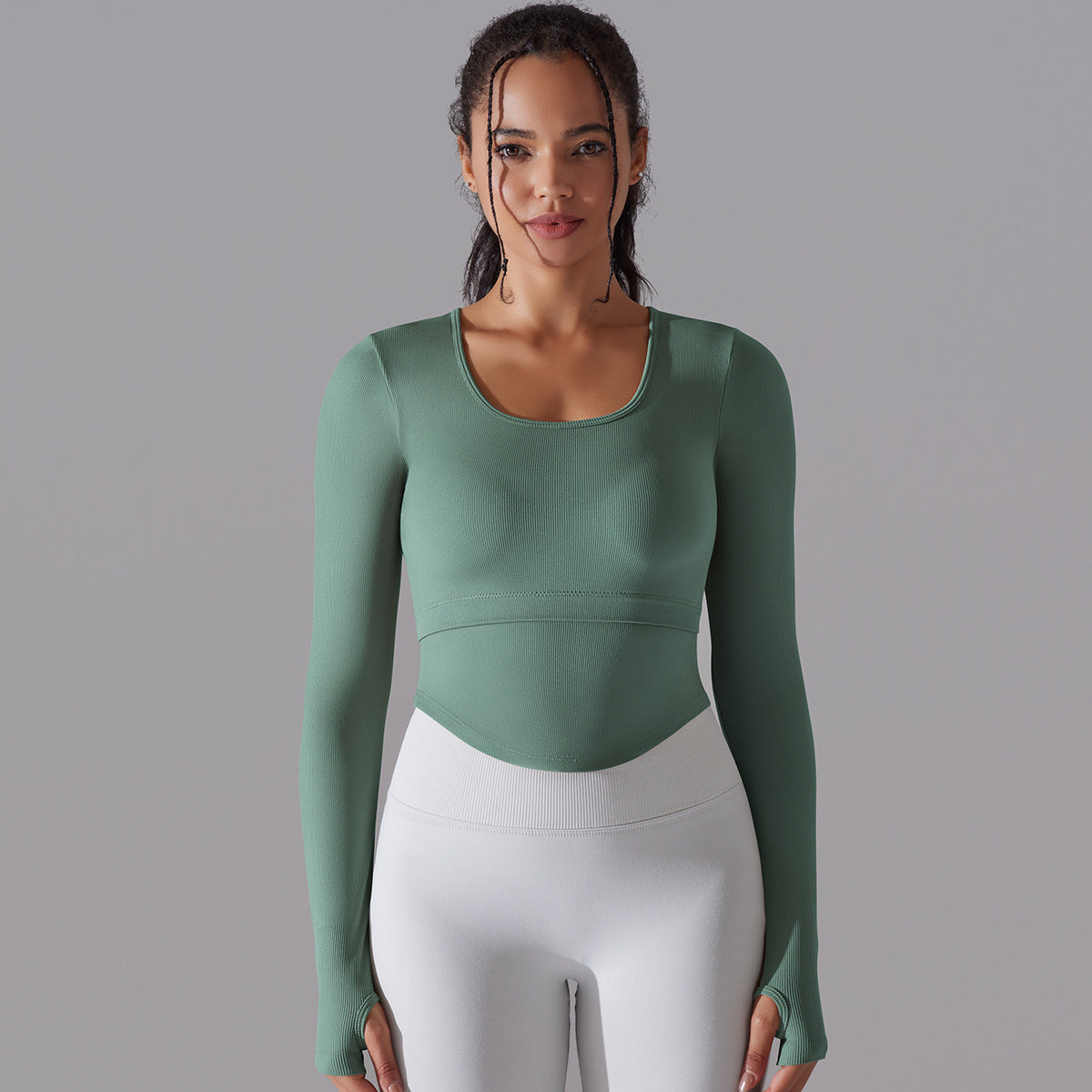 BamBam Seamless Knitting Solid Color Ribbed Sports Yoga Long-Sleeved Running Fitness Yoga Tops For Women - BamBam