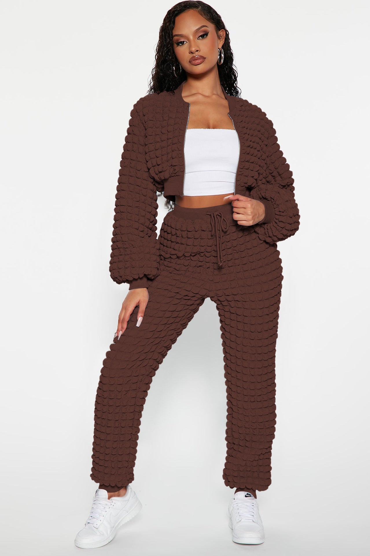 BamBam Women's Fashion Casual Solid Zipper Long Sleeve Draw String Two-Piece Pants Set - BamBam