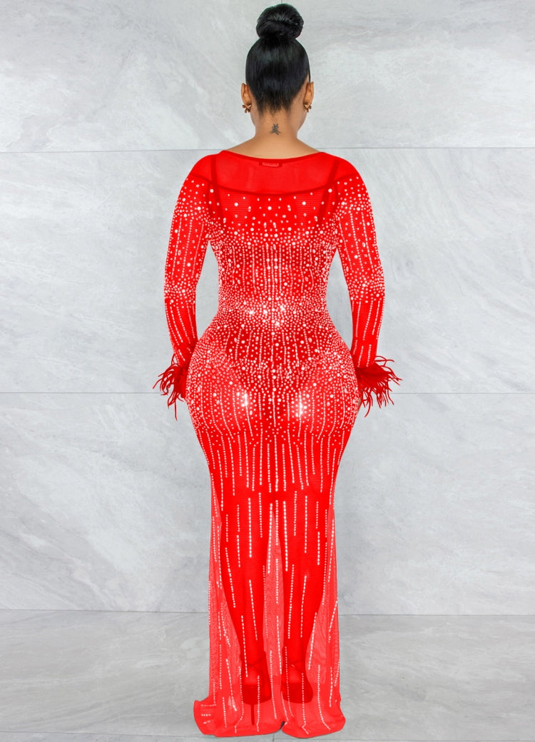 BamBam Women Spring Red Vintage O-Neck Full Sleeves Solid Mesh Diamonds Evening Dress - BamBam Clothing