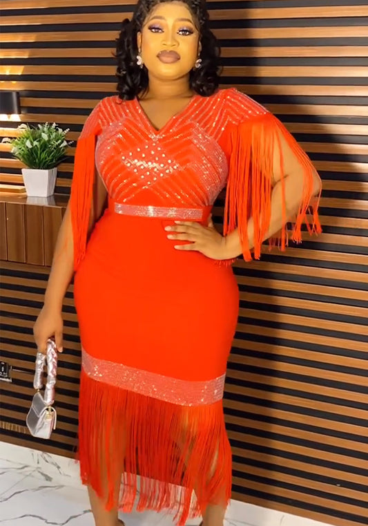 Plus Size Women African Beaded Fringe Dress