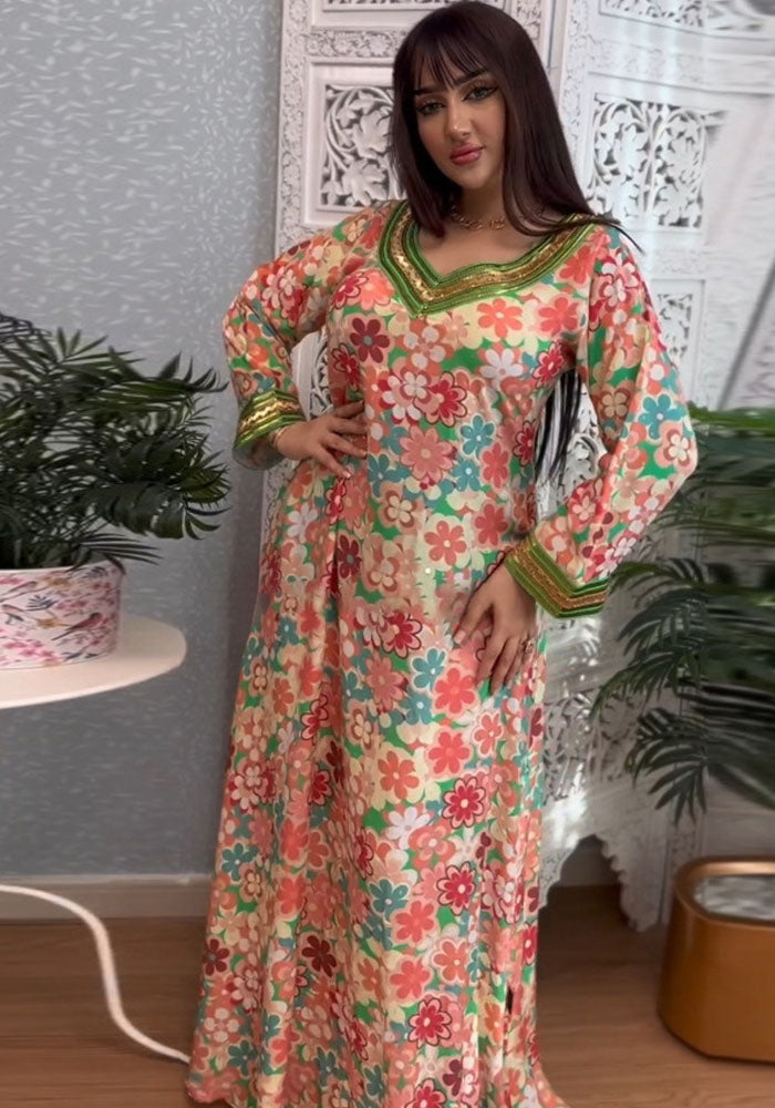 Muslim loungewear print jalabiya Beaded dubai ladies robe