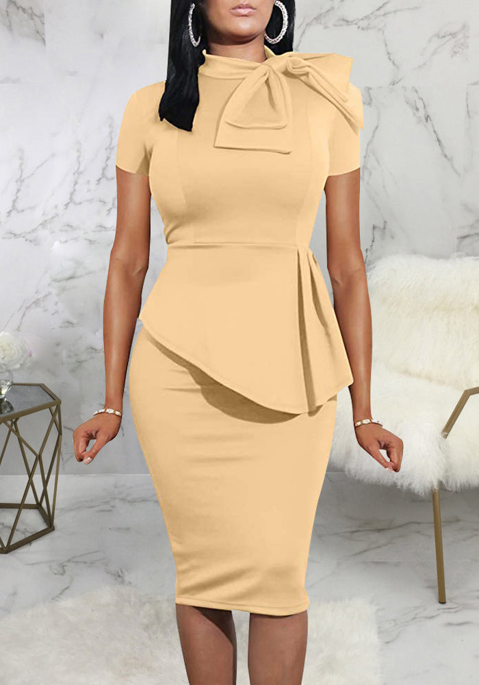 Women Summer Nude Formal Bow Short Sleeves Solid Knee-Length Office Dress