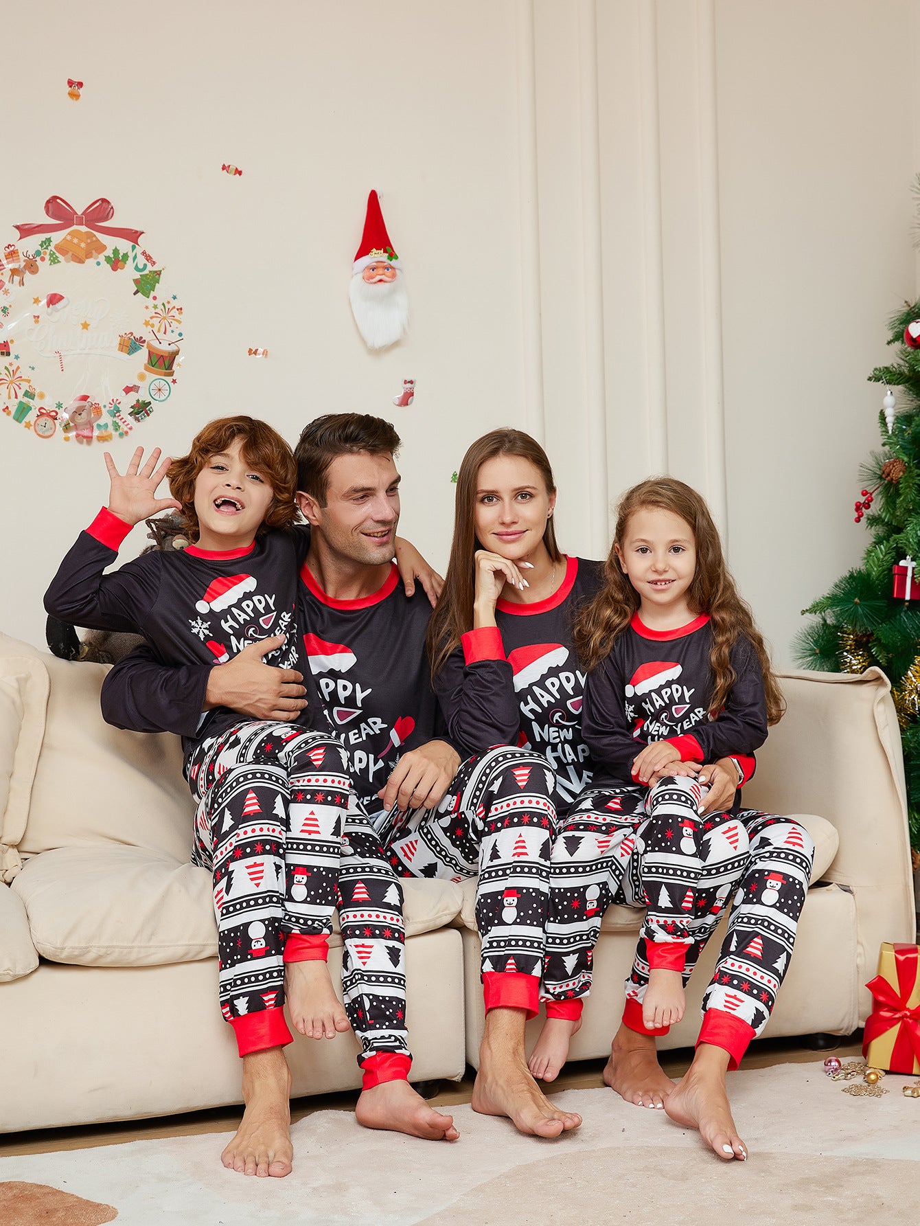 BamBam Christmas Cartoon Hat Letter Round Neck Long Sleeve Family Pajama Two-piece Set - BamBam